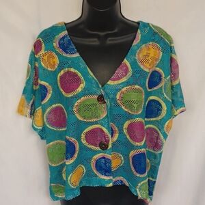 Kaktus multicolor mesh jacket, short sleeve, wood button, turquoise,  polkadot